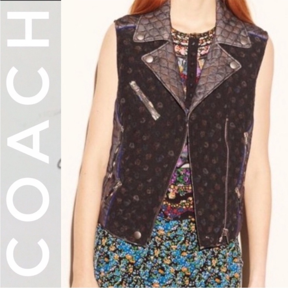 NWT Coach Silk Chiffon Quilted Biker Vest in Black Multi